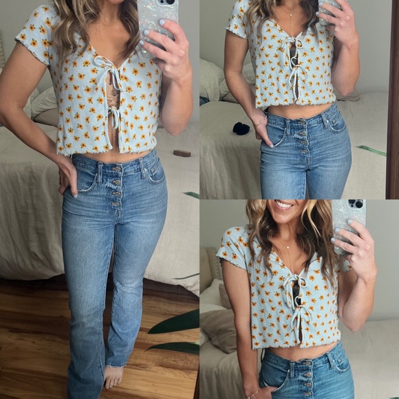 ASOS Tops - ASOS monki Floral Print flower Tie Front lace bow tee cropped open xs